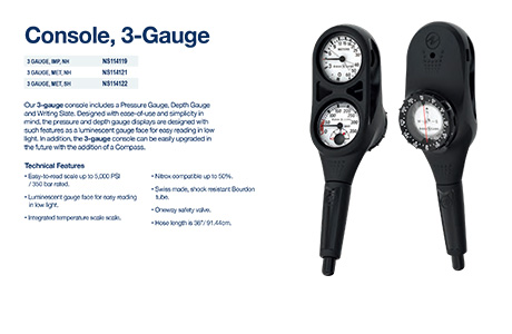 AquaLung Console 3-Gauge 潜水残压表 + 深度表 + 指南针（三联表）